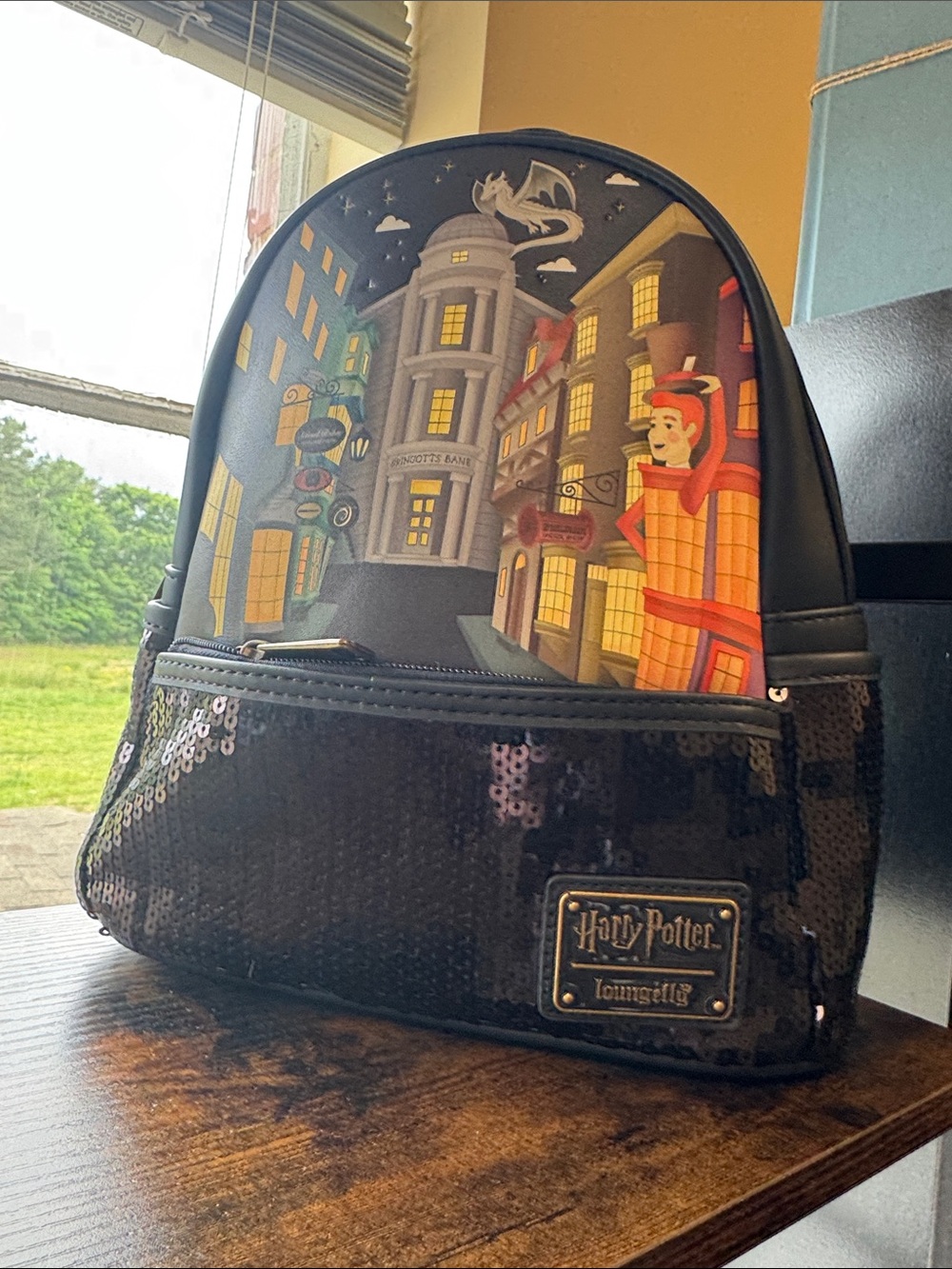 Loungefly Black Sequined Diagon Alley Mini Backpack NWT